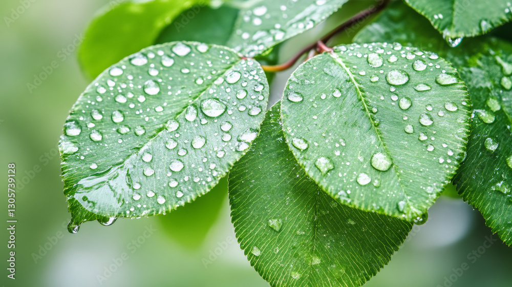 Poster close-up of water droplets clinging to vibrant green leaves after a refreshing rain, creating a beau