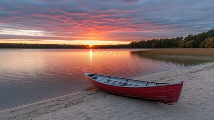 A calm river at sunrise features a wooden boat anchored at the shore. Birds soar gracefully in the distance as the sky transforms with warm tones of orange and yellow