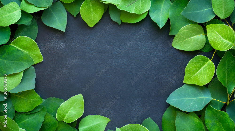 Aufkleber green leaves creating organic border around dark textured surface, offering minimalist backdrop for 