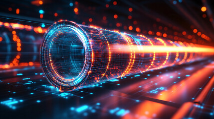 A futuristic industrial pipeline technology wireframe symbolizing energy systems, illuminated by modern daylight with a bright, simple tone. The image has a blurred background and plain caption space 