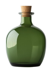 Green glass bottle with cork stopper on transparent background. Minimalist design concept