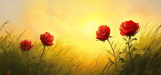 Fototapeta premium Four red roses in a golden sunset field.
