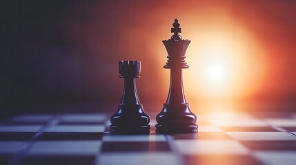 Chess pieces against sunset backdrop / 夕日を背景にしたチェスの駒