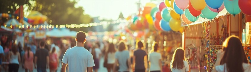 Blurred image of people walking at a sunny outdoor funfair with colorful balloons and stalls.