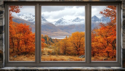 Autumnal mountain view seen through a window.