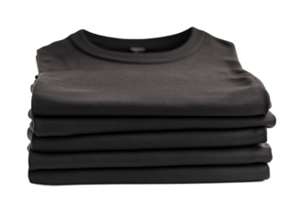 Stacked black t-shirts display retail store apparel eye-level view minimalistic concept isolated on transparent background