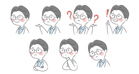 여러 가지 표정의 하얀 가운의 캐릭터 반측면 세트