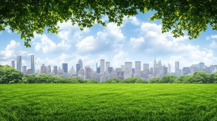 Urban Oasis: City Skyline Viewed from a Lush Green Meadow