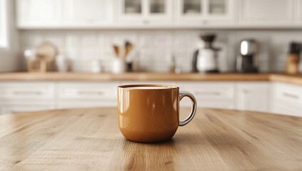 Fototapeta premium A large orange mug sits on a light wood kitchen table. The background is a blurred bright kitchen.