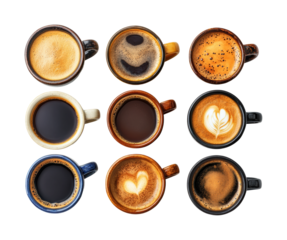 Savoring artistry in brews coffee showcase of cozy beverage cups top-down view in inviting atmosphere isolated on transparent background