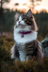 Fluffy grey and white cat with purple collar sits outdoors at sunset.