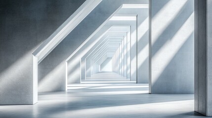 Fototapeta premium Abstract architectural hallway with sunlight streaming through, creating a long perspective and geometric patterns.