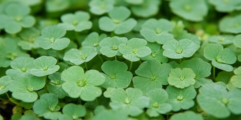 Close-up view of fresh green water pennywort leaves creating textured carpet