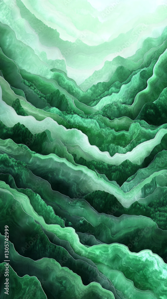 Aufkleber abstract digital artwork depicting green mountain landscape forming wavy pattern resembling malachit