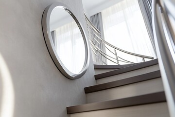 Fototapeta premium Modern interior design featuring a circular mirror on a wall next to a curved staircase with metal railings.