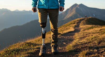 Adaptive athlete hiking on mountain trail with prosthetic leg showcasing resilience