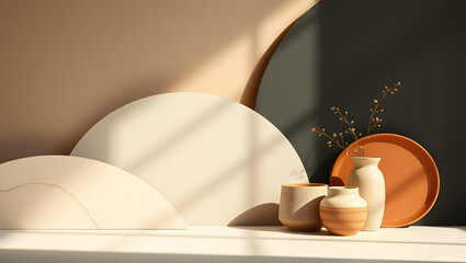 Organic Modern Header Background Aesthetic Beige Brown Earthy Terra Cotta Vases Layers Neutral