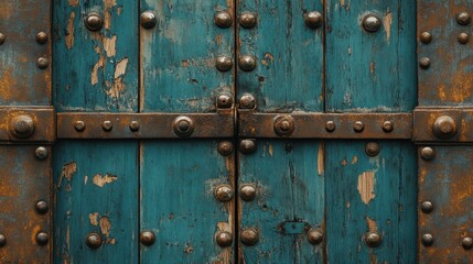 Fototapeta premium A charming rustic wooden door with peeling blue paint, embellished with metal rivets, showcasing its weathered charm.