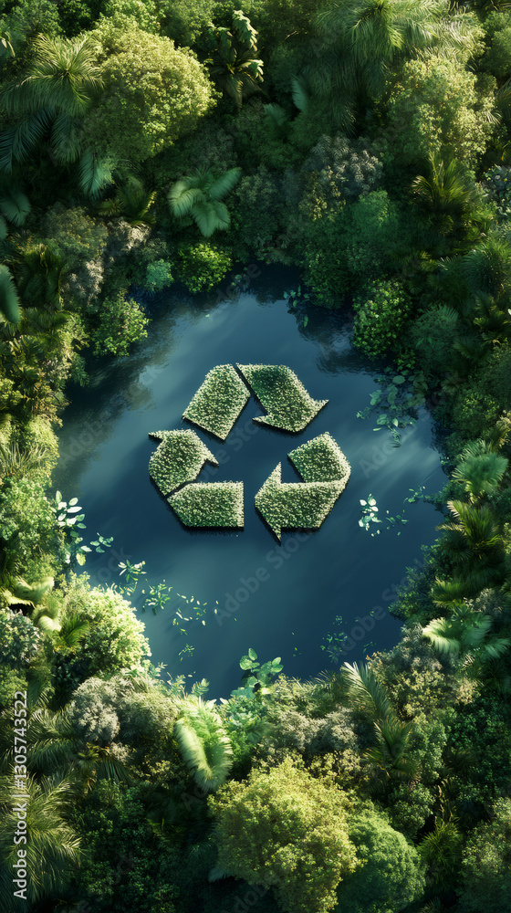 Poster aerial view of a recycling symbol made of plants floating on a pond in a lush jungle, promoting envi