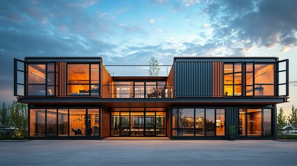Modern Container Home Design Evening Illumination