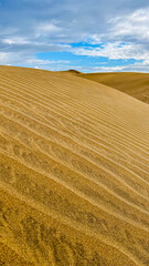 Majestic sand dunes of Maspalomas, Gran Canaria, showcasing golden ripples under a partly cloudy sky. A stunning natural landscape in the Canary Islands.