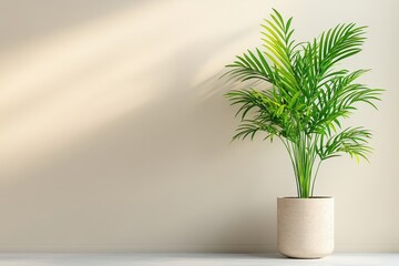 Lush Green Indoor Plant in Modern Pot Against Light Beige Wall with Soft Shadow Play