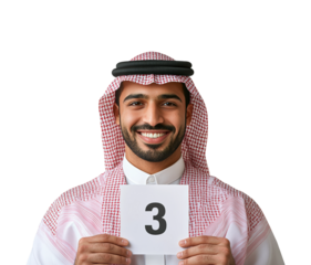 Celebrating success young male holding number three saudi arabia portrait bright joyful concept isolated on transparent background