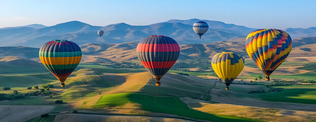 Fototapeta premium Hot air balloons fly over hills. Travel