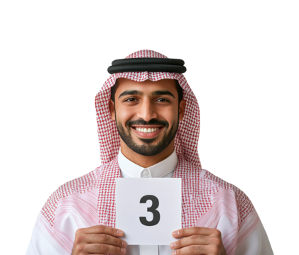 Celebrating success young male holding number three saudi arabia portrait bright joyful concept isolated on transparent background