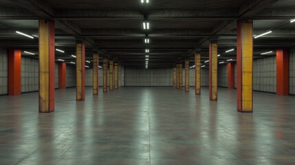 Fototapeta premium Vast Empty Underground Parking Garage with Orange and Yellow Pillars