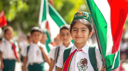 Fototapeta premium Mexican Independence Day parade with school children celebrating their country