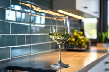 A glass of wine rests on a kitchen counter, inviting relaxation and enjoyment.
