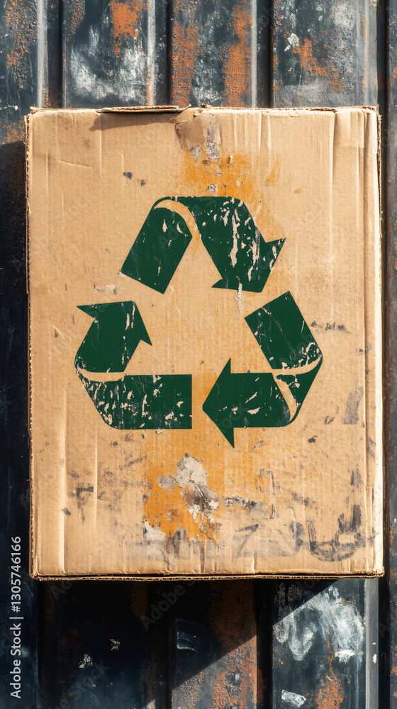 Poster worn cardboard box displaying recycling symbol, highlighting eco-conscious practices and waste reduc