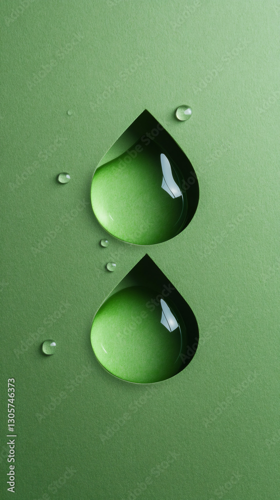 Poster transparent water drops are creating a beautiful pattern on a green background, ideal for background