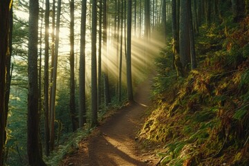 Obraz premium Sunlit forest path with trees lining the way, inviting exploration and tranquility.