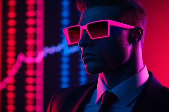 Man in a suit and sunglasses stands in front of a graph
