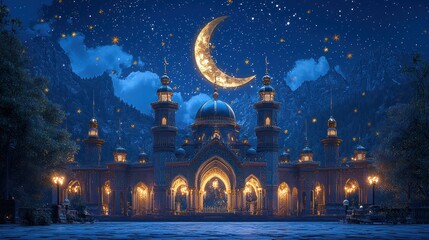 Nighttime mosque in a mountain setting, serene, beautiful. Possible use stock photo for travel, religion, peace