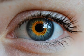 Fototapeta premium Woman's eye with a blue iris and a yellow line