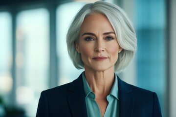 Fototapeta premium Woman in a suit and blue shirt with a serious expression