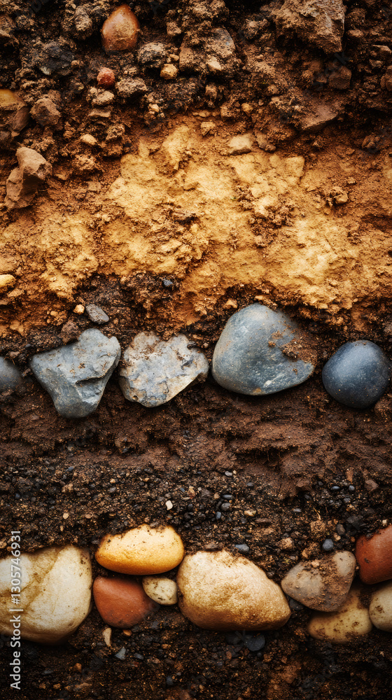 Poster Cross section of soil layers with pebbles showing different composition and textures, geological stratification, full frame background