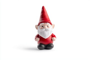 Red gnome with a white beard and a red hat is sitting on a white background