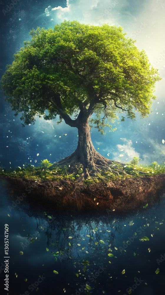 Poster Lush green tree growing on a floating island with roots hanging down into a dark abyss and leaves falling into the void below