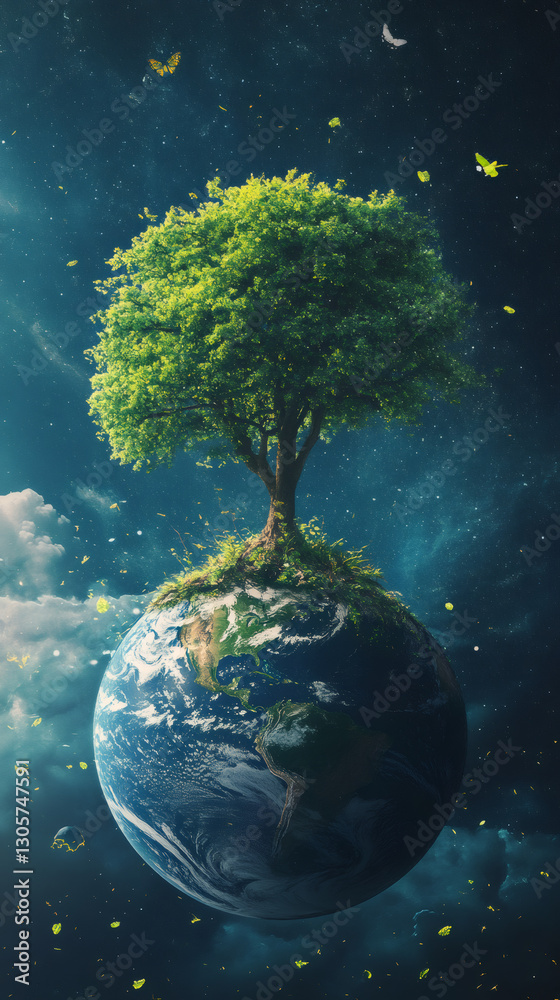 Poster surreal image of a tree growing on planet earth, surrounded by butterflies and leaves, symbolizing t