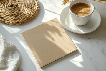 A cup of coffee rests beside an open book on a wooden table.