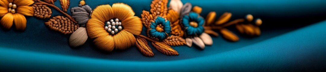 Fototapeta premium Intricate embroidery featuring vibrant yellow orange and teal flowers on teal fabric. Generative AI