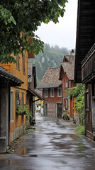 Obraz premium Wet street reflecting traditional colorful houses in touristic mountain village of Hallstatt in Austria after the rain