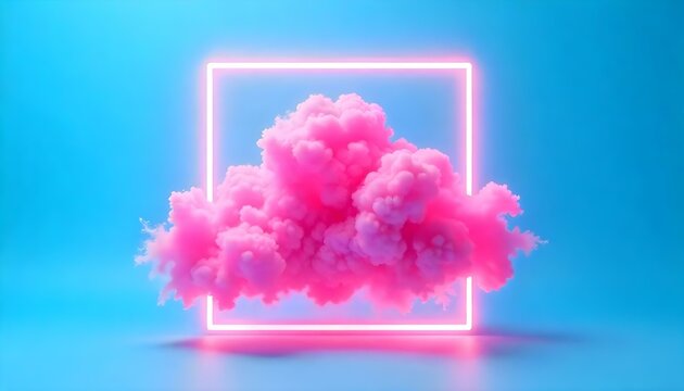 A digital art image features a vibrant pink cloud framed by a neon square against a solid blue background. The pink cloud, reminiscent of a burst of smoke or powder, is the focal point