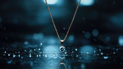 A sophisticated gold necklace with diamond pendant, positioned on a glossy surface, reflecting its beauty.