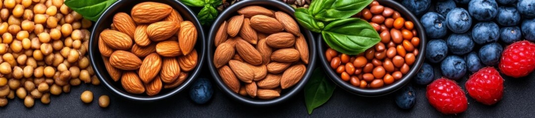 Fresh variety of healthy seeds nuts and berries for nutrition and health benefits. Generative AI