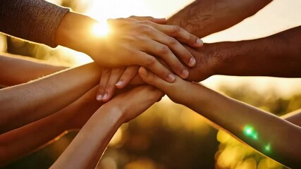 A video frame showing a close-up, low-angle shot of diverse hands stacked together, symbolizing unity and teamwork against a warm, glowing sunset.